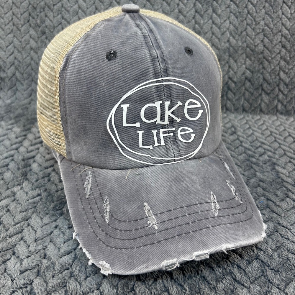 Lake Life Womens Gray Beaver Lake Trucker Hat Distressed Ponytail Mesh Cap OSFM